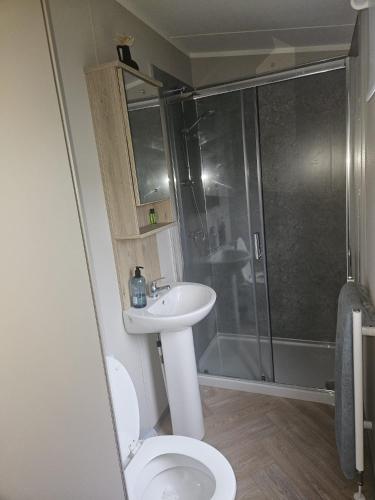 a bathroom with a toilet and a sink and a shower at Crozzer's Place in Heysham