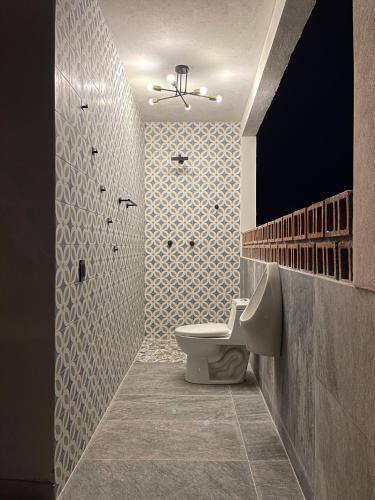 a bathroom with a toilet and a tile wall at Hostal Peña de Carlo in Toluca