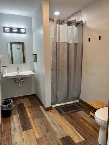 a bathroom with a shower and a sink and a toilet at Pintler's Portal Hostel in Anaconda