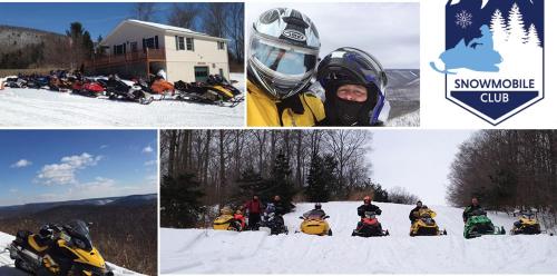 a collage of pictures of people on a snowmobile in the snow at Coach Stop Inn in Gaines