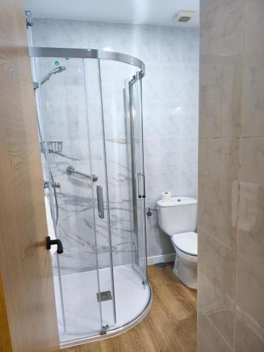 a bathroom with a shower and a toilet at Hostal Angelines in Madrid