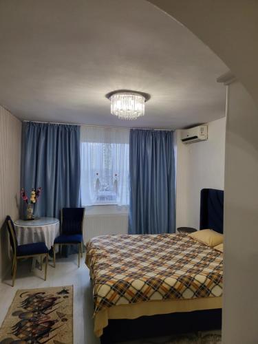 a bedroom with a bed and a table and a window at Studio Maria in Galaţi