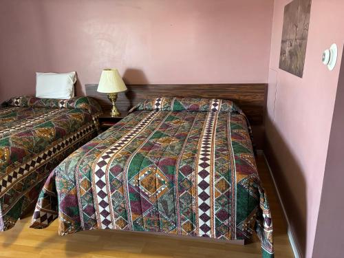 a hotel room with two beds and a lamp at Viking Lamplighter Motel in Viking