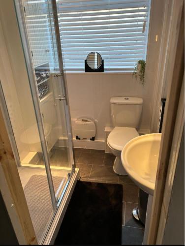 a small bathroom with a toilet and a sink at Bungalow 44 - The Norfolk Broads At Your Door in Lowestoft