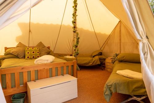 a bedroom with two beds in a tent at Aldwark Bridge Glamping - Aurora Tent in Aldwark