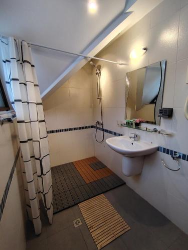 a bathroom with a sink and a mirror at Villa Deja Vu Private Jacuzzi & Sauna, Fireplace, 3 Bedrooms, near Bansko in Razlog