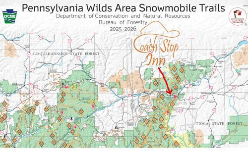 a map of the pineyrmis wildlife area snow mobile trails at Coach Stop Inn in Gaines