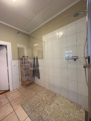 a bathroom with a shower with a glass door at Wohnen in der ehemaligen Bauernstube in Treia