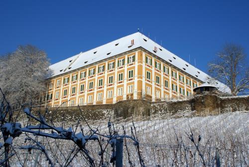 a large yellow building on top of a snow covered hill at Hotel Stainzerhof in Stainz