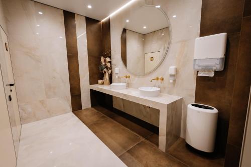 a bathroom with a sink and a mirror at Hotel Oasis in Vinnytsya