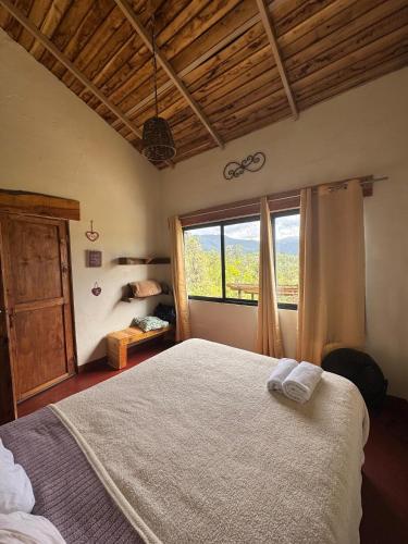 a bedroom with a large bed and a window at La Casita de Charo 1, disfruta de tiempo memorable en la montaña in Constanza