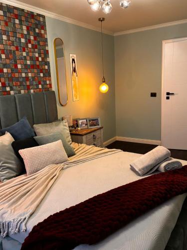 a bedroom with a large bed with pillows on it at GZP Residence Lugoj 14 in Lugoj