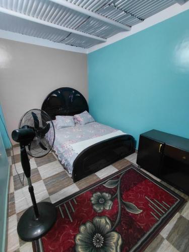 a bedroom with a bed with a fan and a rug at moon guest house in Aswan