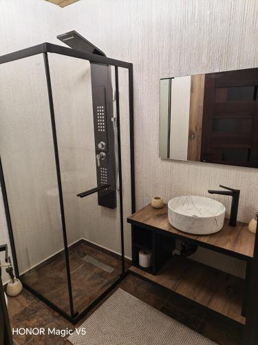 a bathroom with a shower with a sink and a mirror at MOFT Borsa in Statjunea Borsa