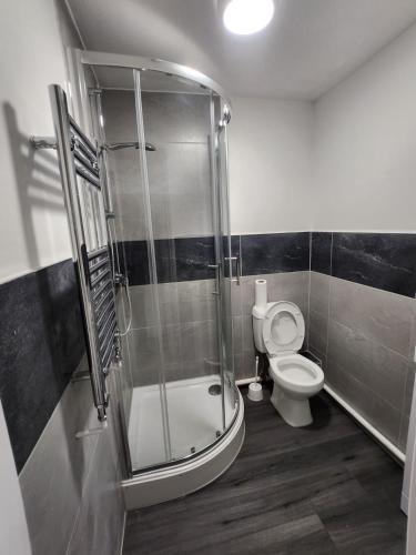 a bathroom with a shower and a toilet at Ensuite premier rooms in Basildon