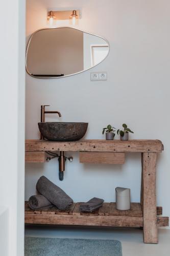 a bathroom with a sink and a mirror on a shelf at Stylish downtown loft and opposite park in Maldegem