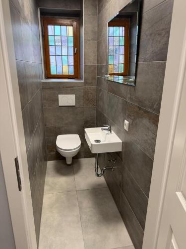 a bathroom with a toilet and a sink at WG-Zimmer-Monteurzimmer-Ferienwohnung bis 10 Personen in Aldenhoven