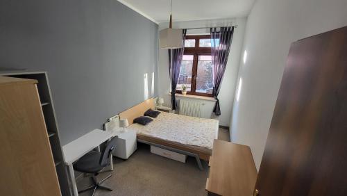 a room with a bed and a desk and a window at Pelican - Czarny Dwór A in Zaspa