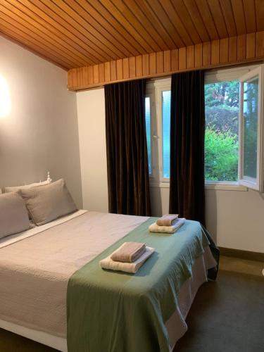 a bedroom with a bed with two towels on it at Chacra Los Cipreses - Casa completa con gran parque arbolado, 6 personas, entorno tranquilo in Cinco Saltos