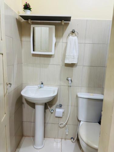 a bathroom with a sink and a toilet and a mirror at Pousada Caribe Amazônico Alter do Chão - 1 quarteirão da Orla de Alter in Alter do Chao