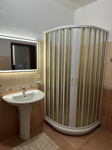 a bathroom with a sink and a large shower at Bujtina Kenedi in Korçë