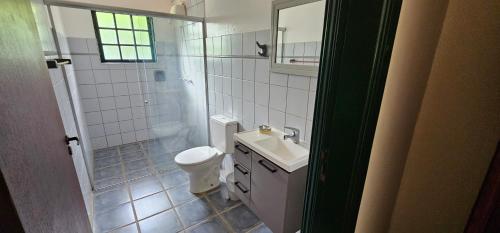 a bathroom with a toilet and a sink and a shower at Pousada dos Anjos in Cunha