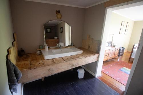 a bathroom with a sink and a large mirror at The Farm in Whangaruru