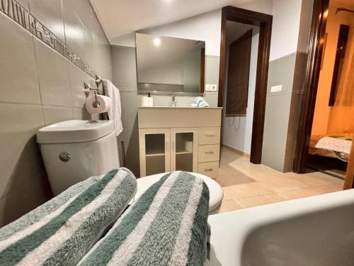 a bathroom with a sink and a toilet and a tub at Apartamento La alberca 1 in Aracena