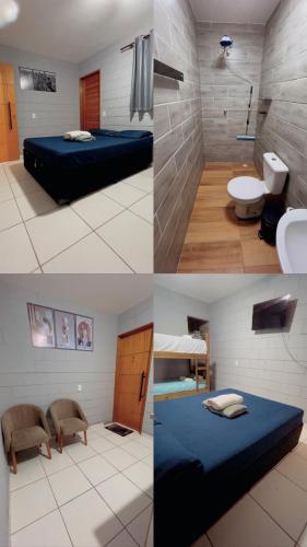 four pictures of a room with a bed and a bathroom at Quarto Familiar Próximo ao Aeroporto de Guarulhos in Guarulhos