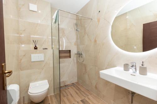 a bathroom with a toilet and a sink and a mirror at DOWNTOWN ROOMS in Niš