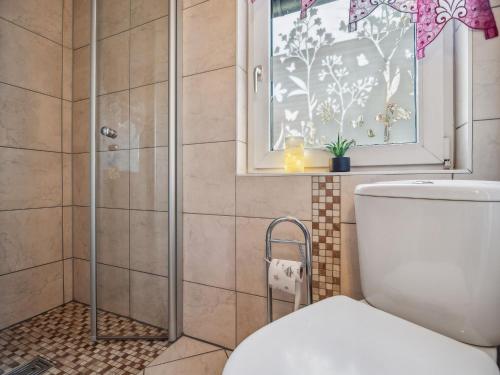 a bathroom with a shower and a toilet and a window at Das Haus am Wald in Waltershausen