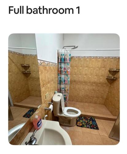 a bathroom with a toilet and a shower and a sink at Kasa Mandulia Beachfront House in Lobo
