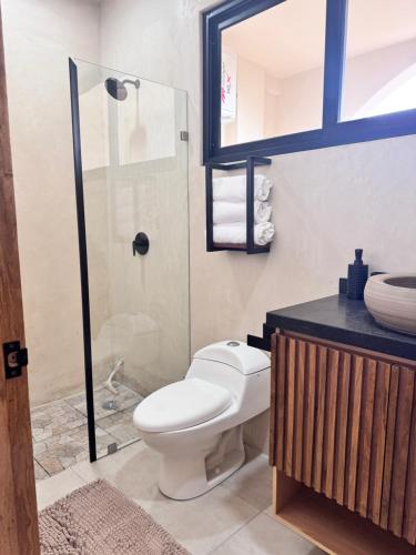 a bathroom with a toilet and a glass shower at Xiib Kaab Estudio con Jacuzzi in Tulum