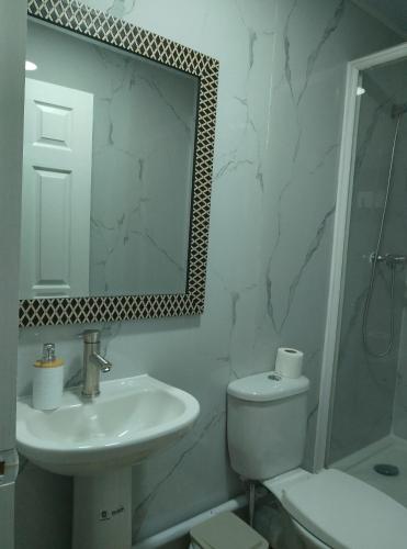 a bathroom with a sink and a toilet and a mirror at Apartamentos 22 de mayo in Puerto Montt