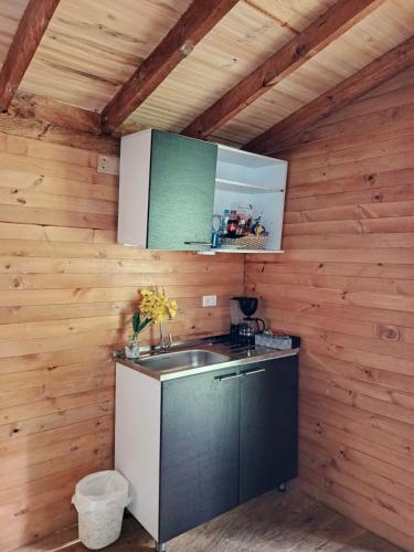 a kitchen with a sink in a wooden cabin at Refugio Natural - Guarne - Cabañas Ecológicas con Jacuzzi e hidromasaje in Guarne