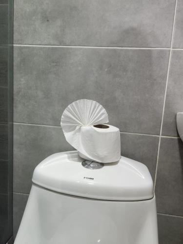 a roll of toilet paper sitting on top of a toilet at Amazing Three Bedrooms House in La Romana