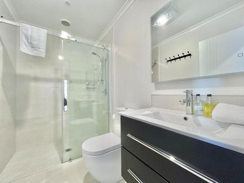 a bathroom with a toilet and a sink and a shower at Star View in Lake Tekapo
