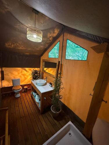 a bathroom with a sink and a toilet on a boat at Rukiya Safari Camp in Hoedspruit