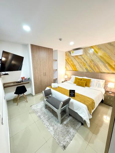 a bedroom with a large bed and a tv at Hotel Olam Deluxe Valledupar in Valledupar