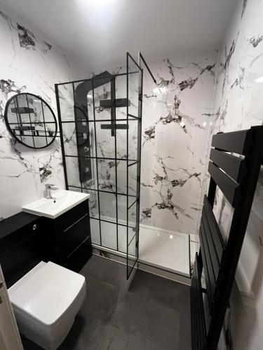a bathroom with a toilet and a sink and a shower at Seaside Penthouse 2 in Largs