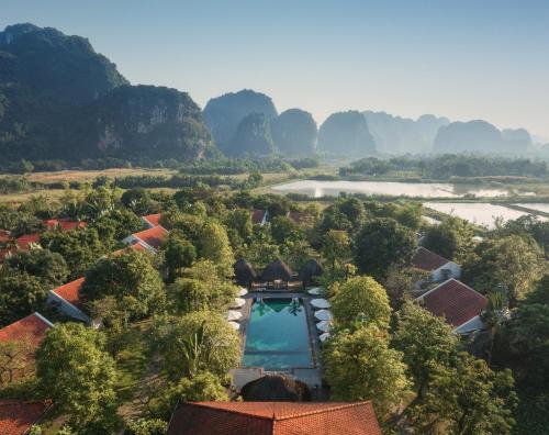 an aerial view of a resort with a swimming pool at Aravinda Resort Ninh Binh in Ninh Binh