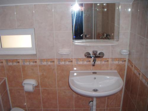 a bathroom with a sink and a mirror at Hotel Babeva in Sveti Vlas