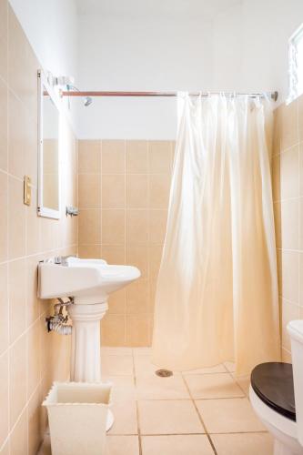 a bathroom with a sink and a shower curtain at Hotel del Tajo in Salamanca