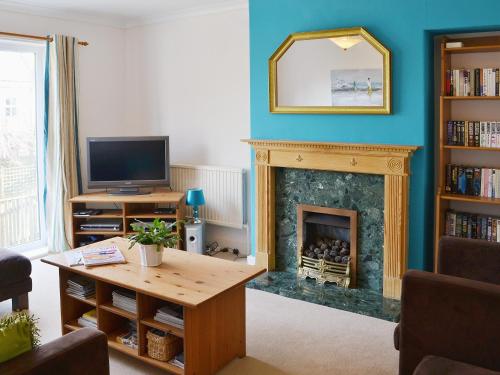 a living room with a fireplace and a television at Willow Cottage in Warkworth