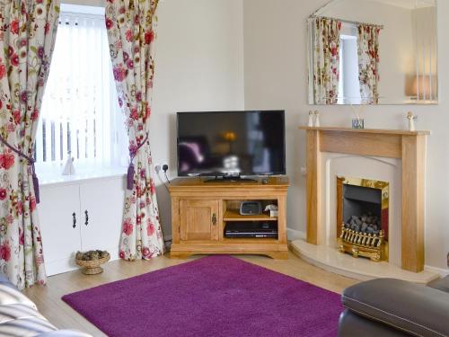 a living room with a tv and a fireplace at Eliza Cottage in Haddington