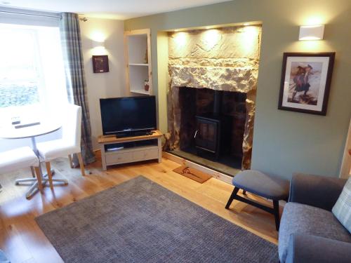 a living room with a television and a fireplace at Crosskeys Cottage in Shandon