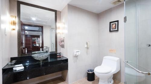 a bathroom with a toilet and a sink and a mirror at Shunde Grand View Hotel in Shunde