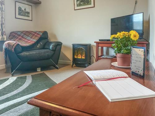 a living room with a leather chair a table and a fireplace at Heron's Lodge in Llanarthney