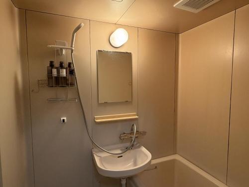 a bathroom with a sink and a mirror at Omuta Cozy Stay in Ōmuta