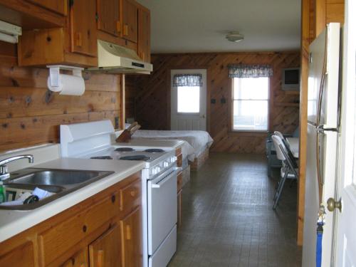 a kitchen with a stove and a bed in a room at Virginia Landing Camping Resort Cabin 1 in Quinby